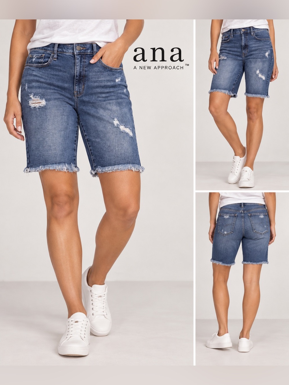 a.n.a Dark Blue Distressed Denim Bermuda Shorts